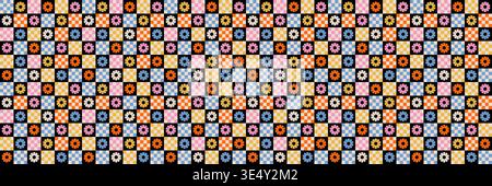 Retro 70s, 80s style Checkerboard and daisy flowers seamless groovy background Stock Vector