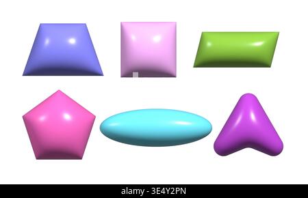 Trendy 3d inflated shapes collection. Plastic render effect vector doodle form set. Stock Vector