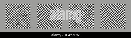 Set of checkered distorted grid. Abstract monochrome shapes with tweak deformation Stock Vector