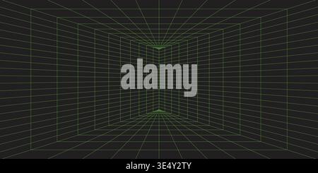 3D green wireframe. Perspective lines room. Digital background with vector grid Stock Vector
