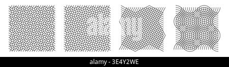 Checkered grid set. Distorted line meshes. Abstract deformed warp Stock Vector