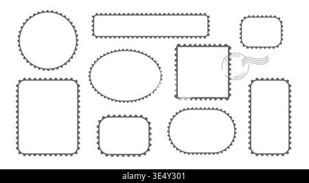 Postage stamp blank vector template collection. Mockup letter elements for postal correspondence design. Perforated edges rectangular, square circulal Stock Vector
