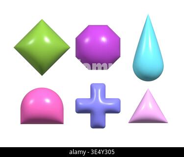 Trendy 3d inflated shapes collection. Plastic render effect vector doodle form set. Stock Vector