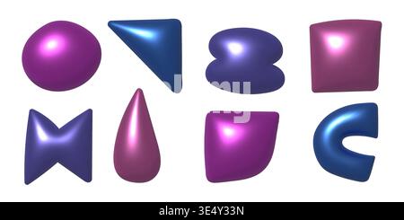 3d metallic doodle vector shapes. Trendy render chrome decoration elements Stock Vector