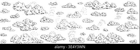 Clouds sketch with wind, rain and sun beams. Sky with different weather elements in a linear doodles. Vector sketchy cloudscape background. Fluffy, gl Stock Vector