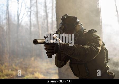 Special forces soldier in abandoned building Stock Photo