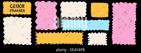 Cute crayon texture rectangle borders featuring squiggly scalloped edges, ideal for stickers, postcards, labels, and fun graphic designs. Vector paste Stock Vector