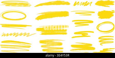 Bright yellow paint lines and brushstrokes. Set of textured sunny watercolor lines. Dynamic abstract translucent colored highlights, vector graphics Stock Vector