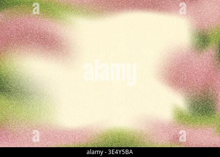 Grain frame with floral summer gradient background with spray noise for poster. Pink botanical vector border with gentle pastel and green leaves. Ethe Stock Vector