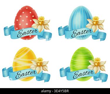 Watercolor Easter egg set with daffodils and ribbons. Hand-drawn spring holiday illustrations featuring red, blue, yellow, and green eggs. Perfect for Stock Photo