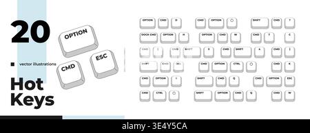 System commands grayscale keyboard hotkey pack Stock Vector