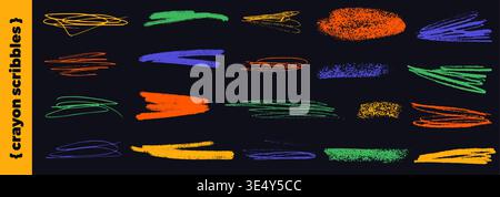 Crayon scribble lines and underline highlights with pencil texture for emphasis. Doodle sketch marks in bold crayon on dark background. Neon scribble Stock Vector