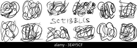 Hand-drawn pen squiggles doodles. Messy scribbles, naive expressive scratches set. Tangled lines, chaotic spontaneously scrawl. Vector pencil brush sc Stock Vector