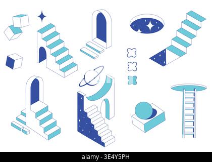 Set of surreal door portals and geometric staircase isolated on white background. Vector illustration of y2k arch and round space hole, floating planet, ladder, abstract trippy architectural elements Stock Vector
