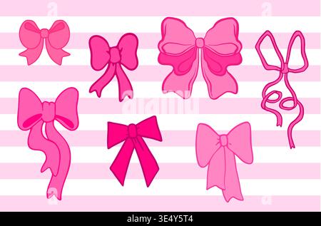 Hand drawn pink coquette bows on stripe pattern background. Cute ribbon outlines, vintage tie icons, girly fashion designs, ballet accessories, and flirtatious holiday decorations. Stock Vector