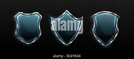 3d transparent glass shields with protective metal frame and realistic light effect, vector icons isolated on background for security design. Guard badge with clean texture, safety emblem, insurance Stock Vector
