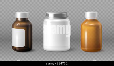 Glass medicine bottles set isolated on transparent background. Vector realistic illustration of pharmacy pill jar mockup with cap and blank label, vitamin supplement packaging design, medicine product Stock Vector