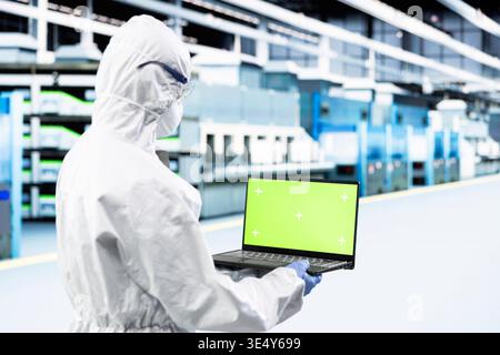 Green screen laptop, inspecting semiconductor production and qc ...