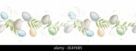 Easter eggs and willow sprigs with green leaves. Watercolor illustration. Seamless horizontal border, isolated on a white background. Concept: Easter, Stock Photo