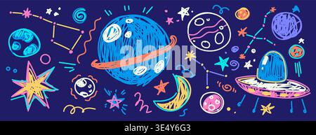 Color crayon wallpaper with planets and spacecraft on blue background. Vector cartoon illustration of creative kids pattern with doodle stars, Earth, alien UFO, stars and constellations, cute design Stock Vector