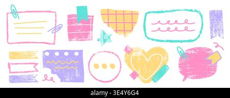 Colorful pastel crayon boxes collection isolated on white background. Vector realistic illustration of hand drawn kids note frames and speech bubbles, whimsical doodle borders for children school art Stock Vector