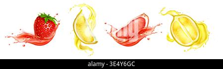 Fresh fruit juice splash with realistic slices, flowing stream, flying drops, set of 3d vector illustrations isolated on white background. Vibrant design elements for tropical drink labels, packaging Stock Vector