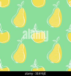 Seamless pattern with hand-drawn stylized apples and pears in linear doodle style on mint green background. Minimalist fruit fruit texture for organic Stock Vector