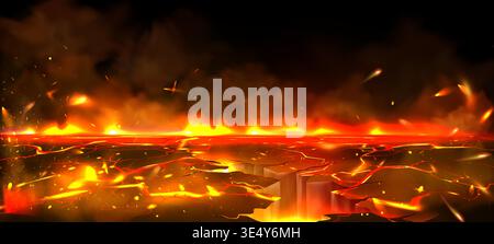 Glowing lava texture with molten magma in ground cracks, fiery red volcanic background, realistic vector illustration. Dramatic hellish liquid flame, broken stone with hot smoke and flying sparks Stock Vector