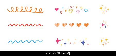 Star border sparks set, crayon bling falling stars textured hand drawn divider. Simple pencil festive shiny space elements, hearts, underline moon, festive lights . Vector illustration Stock Vector
