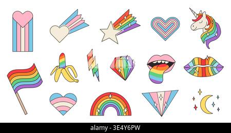 Hand-drawn retro Pride icons with rainbow and transgender flag gradients. Inclusive LGBTQ doodle collection of unicorns, hearts, lightning bolts, and Stock Vector