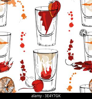 Brain hemorrhage, Bloody Mary, Flatliner shots. Light vector seamless pattern of red orange drinks in ink glasses with flat accents. Hand drawn for Stock Vector