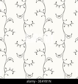 Seamless vertical pattern with hand-drawn minimalist floral vines and tiny flowers in black line art style on white background. Elegant botanical texture for textile design, wallpaper, and organic branding. Vector illustration Stock Vector