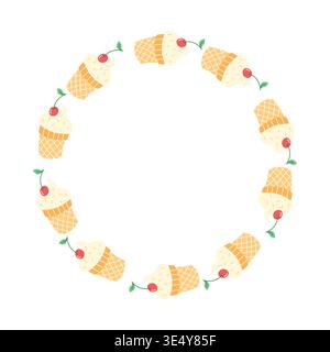 Ice cream cone wreath flat hand-drawn vector dessert circular border menu card decoration Stock Vector