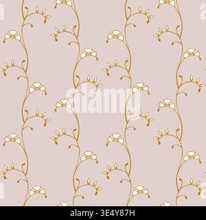 Seamless vertical pattern with golden floral vines and white blossoms on dusty rose background. Elegant botanical ornament in Art Nouveau style for luxury textile, wallpaper and gift packaging. Vector illustration Stock Vector