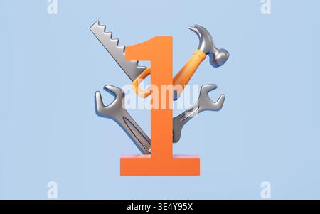 Happy Labour Day concept. Number 1 and various repair tools. 3d rendering. 3d illustration. Stock Photo