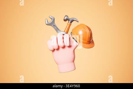 Human hand with various repair tools. Happy Labour Day concept. 3d rendering. 3d illustration. Stock Photo
