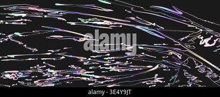 Abstract holographic liquid line pattern on black background. Iridescent neon ripples, fluid metallic strokes with rainbow gradients and flowing lines Stock Vector