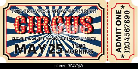 Vintage circus ticket admit one numbered with marquee text and sunburst background. Retro admit one coupon with stub for carnival show. Stock Vector