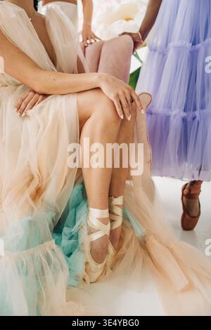 Ballerina wearing pointe shoes and pastel tulle dress Stock Photo