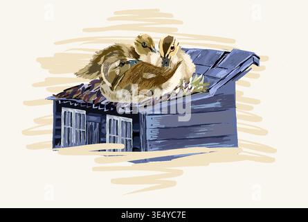Three cute brown ducks are sleeping in their nest on the roof of a purple house. Vector illustration. Stock Vector