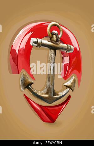 Vector illustration of an anchor within a red location mark. Stock Vector