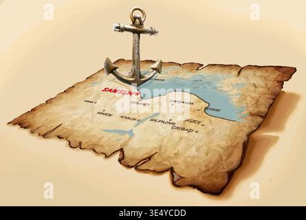 An anchor pointing to Samsun on an old, torn map. A vector illustration prepared for May 19th. Stock Vector