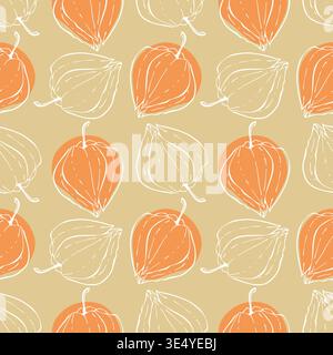 Seamless pattern with hand-drawn minimalist physalis husks on beige background. Autumn botanical texture with orange cape gooseberry for organic food packaging, textile and kitchen wallpaper. Vector illustration Stock Vector
