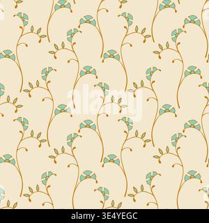 Elegant seamless Art Nouveau pattern with stylized turquoise flowers and golden vines on cream background. Minimalist botanical ornament for luxury textile, wallpaper, and boutique branding. Vector illustration Stock Vector