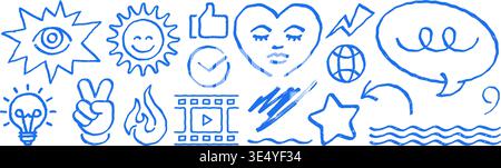 A large set of hand drawn doodle icons. Unique vector illustration collection with a grunge crayon texture. Perfect for social media, web design, and Stock Vector