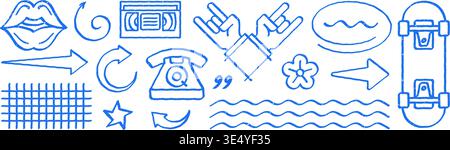 Collection of retro 90s pop culture symbols. A large set of hand drawn grunge icons for design. Vector illustration includes skate, music, and communi Stock Vector