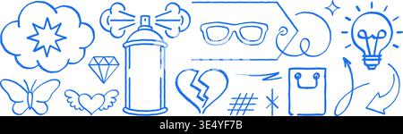 A set of creative graffiti doodle icons. Vector illustration with a grunge texture. Hand drawn graphic elements for urban street art concepts, fun sti Stock Vector