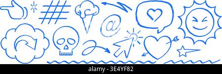 A large collection of creative hand drawn doodle objects. Unique grunge texture design elements for any project. Big vector illustration set with many Stock Vector