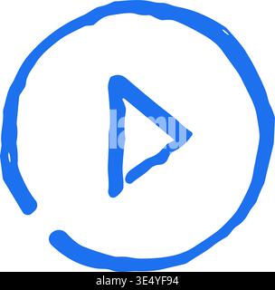 A classic play button icon inside a circle, rendered in a casual, hand-drawn style. This vector illustration with a grunge texture is ideal for video, Stock Vector