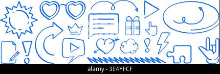 A vibrant set of hand drawn vector illustration icons. Features grunge texture doodle elements for web and social media engagement. Excellent for blog Stock Vector